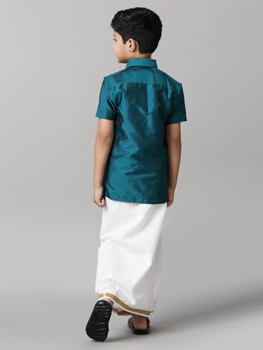 Image of RAMRAJ COTTON Boys Silk Cotton Shirt With Adjustable Cream Dhoti Perfect For Ceremonies| Festivals| And Special Occasions