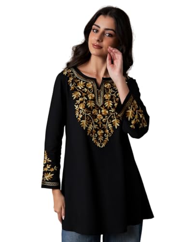 Image of QAZMI Women's Aari Embroidered Viscose Rayon A-Line Flared Short Kurti