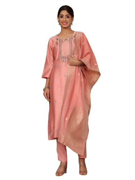 Varanga Women Pure Silk Pink Hand Embroiderd Kurta With Bottom And Dupatta