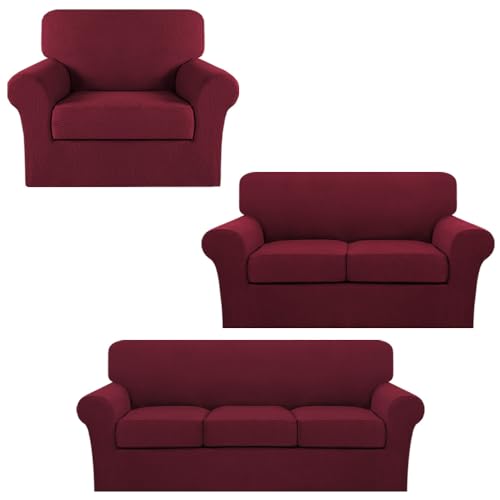 Turquoize Stretch Sofa Covers for 3 Cushion Bundle Loveseat Cover for 2 Cushion Bundle Armchair Cover, Sofa Furniture Covers with Individual Cushion Covers, Burgundy