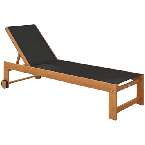Outsunny Tumbona de Madera de Acacia con Respaldo Ajustable en 4 Niveles para Jardín Exterior con Ruedas Carga 160 kg - Patio Terraza Balcón Teca y Negro