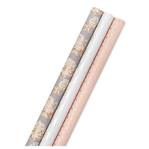 Hallmark Premium Wrapping Paper with Cut Lines on Reverse - Gold Hearts, Rose Flowers, White Stripes (3-Pack: 85 sq. ft. ttl) for Birthdays, Weddings, Mother's Day, Valentine's Day, Bridal Showers