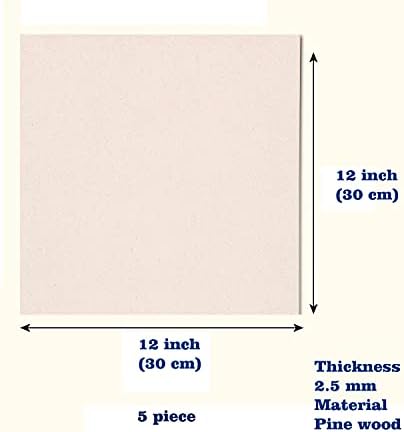 Rise n Shine MDF Board Cutouts - 12 Inch 2.5mm Thick Square Boards Set Of 5 | MDF Board for Lippan Art, Resin, Mandala, Painting & Art and Craft | Premium Square Pine Wood Slices for Artists and Students