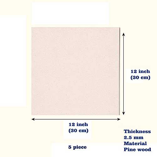 Rise n Shine MDF Board Cutouts - 12 Inch 2.5mm Thick Square Boards Set Of 5 | MDF Board for Lippan Art, Resin, Mandala, Painting & Art and Craft | Premium Square Pine Wood Slices for Artists and Students