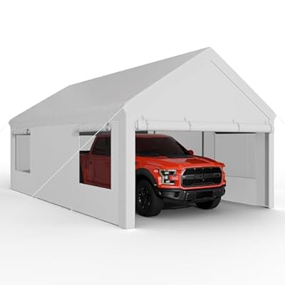 JAMFLY Carport, 12x20 ft Heavy Duty Carport Canopy with Roll-up Windows, Car Canopy with Removable Sidewalls & Doors, Portable Garage with All-Season Tarp for Car, Truck