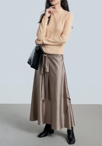 Famnbro Womens Satin Maxi Skirt High Waist Tie Side A-Line Novelty Elegant Work Business Swing Skirts with Pocket4