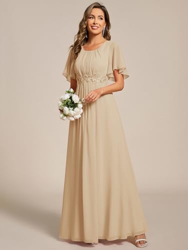 Image of Ever-Pretty Women's Classic Round Neck Pleated Short Sleeves Chiffon Appliques Floor Length A Line Formal Evening Dresses