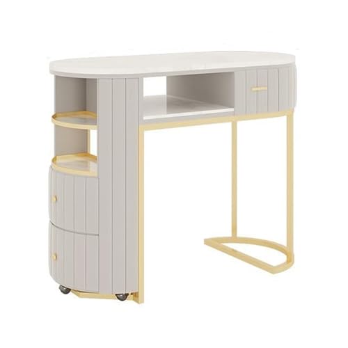 Moderner Nail Tech Maniküretisch mit Schubladen und offenen Regalen, mobiler Nagelsalon-Schreibtisch auf Rädern, professionelle Maniküre-Station für Nagelkünstler