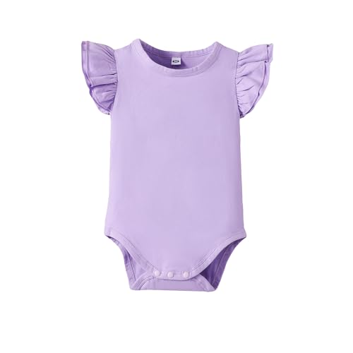 Image of LYSMuch Baby Girls Ruffle Sleeves Bodysuit Infant Solid Color Top Jumpsuit