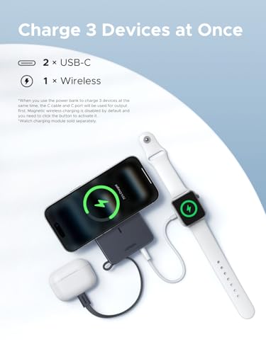 Image of UGREEN MagFlow 10,000mAh Power Bank, Qi2 25W Certified Wireless Charging, Magnetic Portable Charger for MagSafe with Built-in Cable, 30W USB-C Battery Pack for iPhone 17 Pro Max /16 /15 /14 /13 /12, Grey