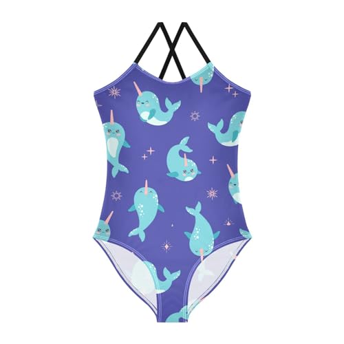 Cute Whale Girls One Piece Swimsuits Narwhal Sport Halter Swimwear Beach Bathing Suit 7-8T Multi