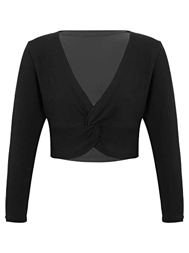 Aislor Chaqueta de Ballet Danza para Niña Crop Top Cruzada de Algodón Chaqueta Corta Manga Larga Deportiva Cárdigan Gimnasia Yoga Infantil Negro 6-10 años
