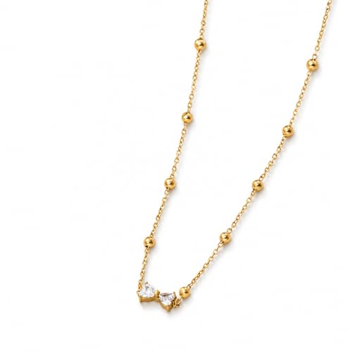 Image of Gold Plated Stainless Steel Bow Pendant Necklace, Anti Tarnish, Cubic Zirconia Charm, Beaded Chain