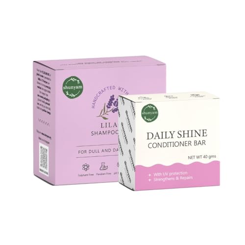Image of Shunyam Shine Conditioner Bar & Nourishing Shampoo Bar Combo | Silky Smooth Frizz-Free Hair | Shea Cocoa Butter Rosemary Oil | Coconut Oil Lavender Eucalyptus Care | 70g + 40g Each