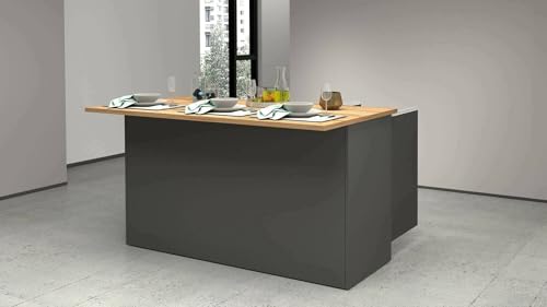 Isola da cucina Patrizio, Armadio multiuso, Mobile per cucinotto, Tavolo ausiliario, 100% Made in Italy, 155x90h90 cm, Antracite e Rovere