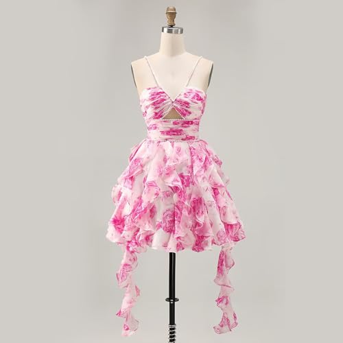 Chiffon Short Homecoming Dresses for Teens Spaghetti Straps Tiered Ruffle Beaded Floral Cocktail Party Dress3