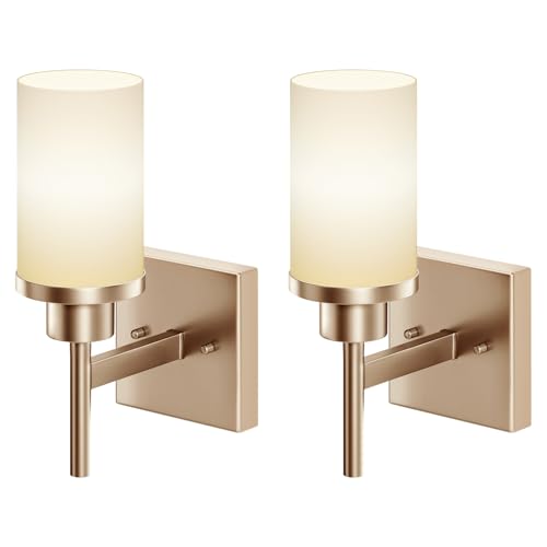 AONEON Vanity Lighting Fixtures with White Frosted Glass Shade Champagne Bronze Wall Lamps for Bathroom Mirror Bedroom Living Room Porch 2 Pack T001CPG-L1-P2