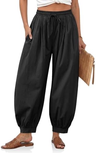 Cicy Bell Womens Baggy Pleated Harem Pants Summer Elastic High Waisted Wide Leg Balloon Cotton Lounge Pants