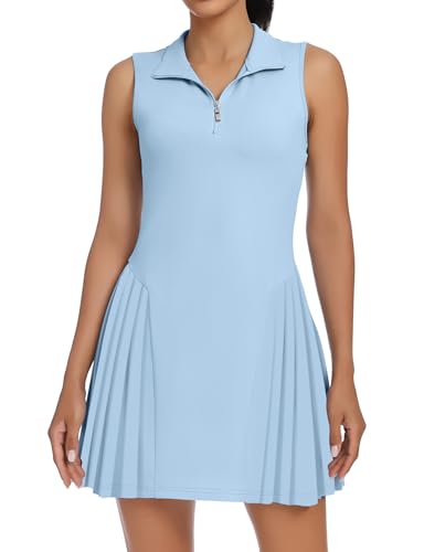 Golf Tennis Dress With Built In Shorts Light Blue Tennis Dress Women Athletic Workout Outfits Sleeveless Stand Collared Quick Dry Womens Sun Protection Outfits