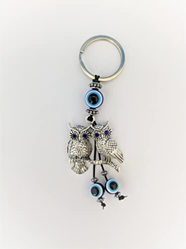 Two Owls Charm With Evil Eye Bead & Blue Crystal Eyes Keychain Ring - Sign Of Good Fortune, Good Luck & Blessing - Home, Bags & Car Rear View Mirror Hanging Accessories (2” X 4.5”) #TOP4