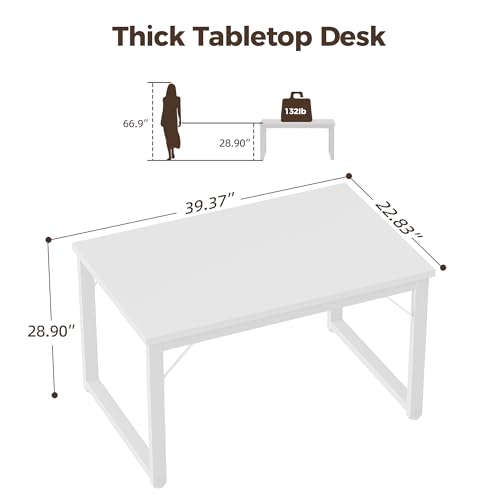 Image of 40 Inch Computer Desk, 1 inch Thick Small Office Table, White | Modern Simple Style, Heavy Duty Industrial Frame, Small Study & Writing Table for Home Bedroom Work