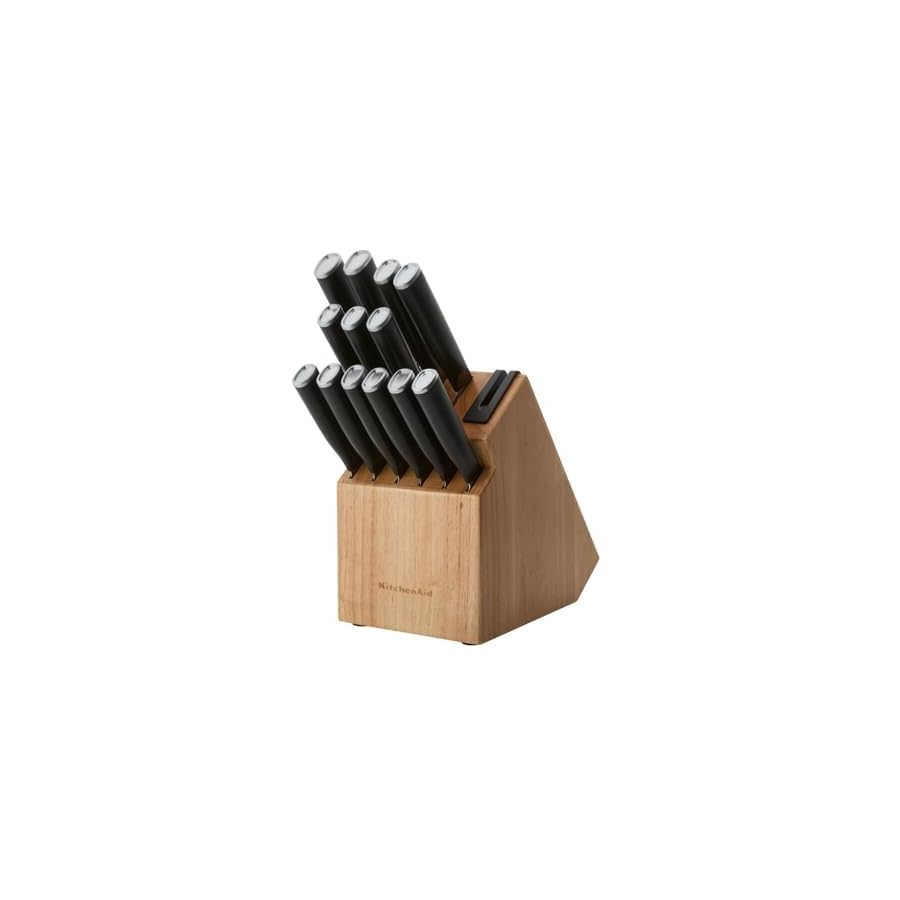 KitchenAid Classic Step Knife Block Set with Built-In Knife Sharpener, High Carbon Stainless Steel Kitchen Knives, Sharp Kitchen Knife Set with Block, 14-Piece, Natural