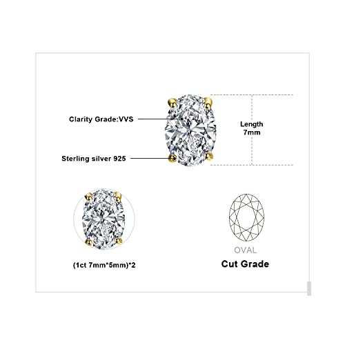 JewelryPalace Oval Cut 2ct Moissanite Solitaire Stud Earrings for Women, 925 Sterling Silver 14k Gold Plated Earrings for Her, Classic Simulated Diamond Earrings VVS D-F2