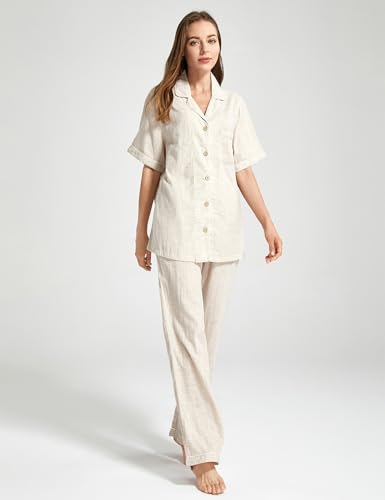 Image of Womens Muslin Pajama Set 100% Cotton Double Gauze Linen Like Breathable Soft Button Up Loungewear Sleepwear PJ Set