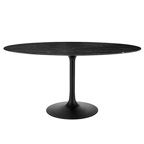 Image of Modway Lippa Oval 60 inch Mid-Century Modern Artificial Marble Dining Table in Black Black
