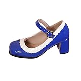 Women's Leather Chunky Mary Janes High Heel Closed Toe Round Toe Retro Dress Wedding Shoes Blue