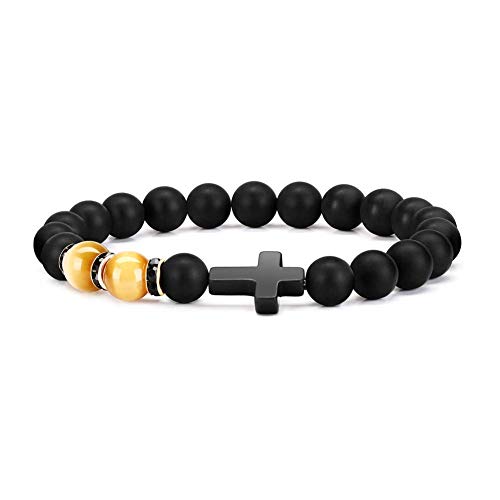 NRRN Fashion Religion Cross Men Women 8mm Natural Stone Tiger Eye & Black Matte Agate Beads Bracelet Elastic Bracelet Bangle