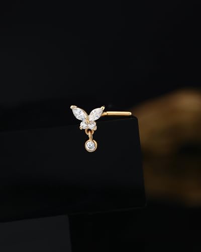 Jewseen 14K Gold Nose Rings 20g L Shaped Nose Stud Dangle Nose Piercing Jewelry Butterfly Nostril Ring for Women3