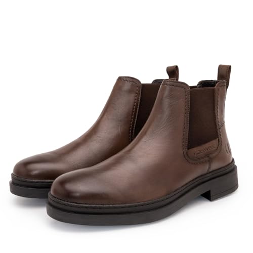 Image of Thomas Crick Men's Genuine Leather Mid-Top Chelsea Boots - Slip-On Ankle Boots with Pull Tab, Ortho Comfort in-Sock & Cleated Grip Outsole for Formal or Casual Wear
