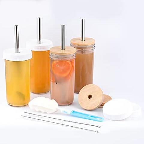 Leafboat boba cup with lid and straw 24oz mason jar, Tumbler Drinking glass Reuseable iced coffee cup, smoothie cup, bubble tea cup (Pack of 6) Cover