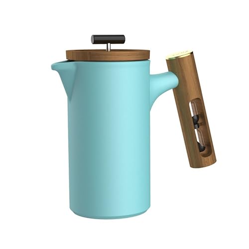 Image of LECTOR Polaris French Press Coffee Maker, 600ML, Ceramic, Manual Coffee & Tea Brewer with Natural Wooden Handle & Lid | Strong Build, Superior Filtration, Innovative 4 Minute Hour Glass Timer (Blue).