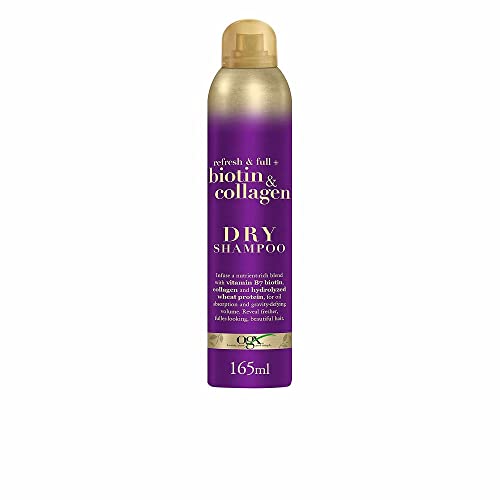 OGX Refresh & Full Biotin & Collagen Dry Shampoo (165 ml), champú en seco de biotina, colágeno y proteína de trigo hidrolizada, champú sin sulfatos ni parabenos, texturizador de cabello