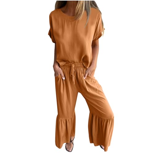 Cotton Linen Sets for Women Summer Casual Two Piece Outfits Short Sleeve Crewneck Top and Wide Leg Pant with Pocket Orange