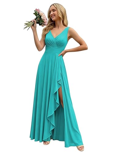 V Neck Aqua Blue Bridesmaid Dresses Long with Slit 2026 Chiffon A-line Sleeveless Formal Wedding Dress for Women US0 : Clothing, Shoes & Jewelry