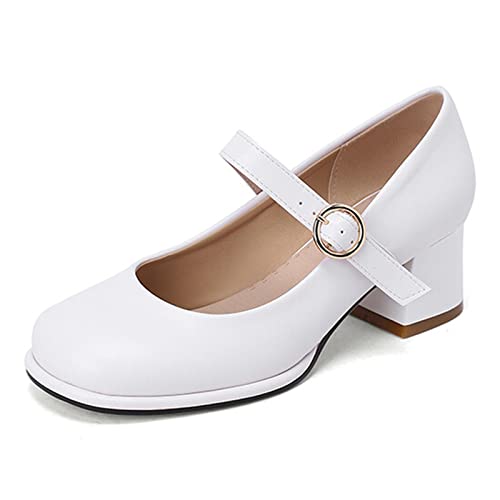 Alyaafifa Block Heel Pumps for Women Round Toe Platform Ankle Strap with Buckle Mary Jane Dress Shoes Office Lady Party Dating