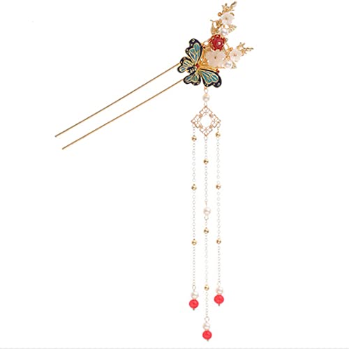 Engjajo Alloy Hair Sticks Pins Long Tassel Butterfly Flower Hanfu Chinese Hair Pins Comb Set of 1 Earrings Traditional Classical