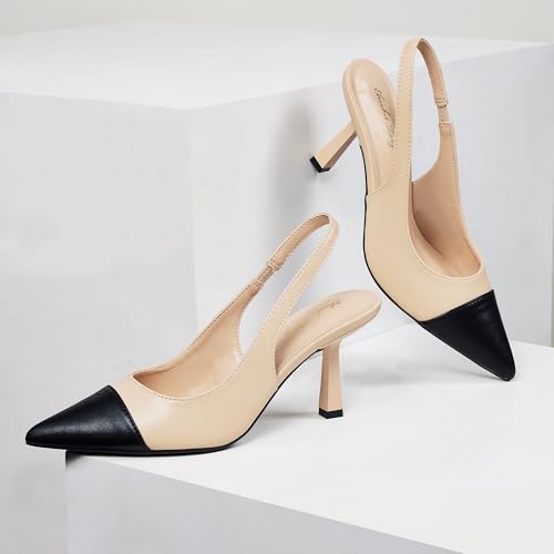 Elisabet Tang Women Slingback Kitten Heel,3 inch Sexy Pointed Closed Toe Stiletto Pump Slingback Heels for Women Slip on Elastic Strap Wedding Party Dress Sandals Shoes Black Nude Size size 84