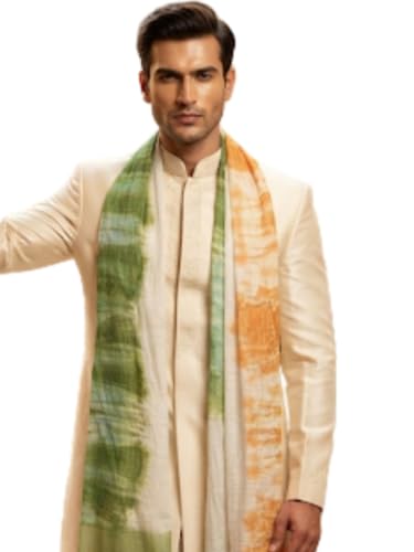 Image of DUPATTA BAZAAR Men's Silk Blend Tricolour Dupatta | Leheriya Dyed Patriotic Stole with Tasselled Border | Lightweight Ethnic Dupatta for Independence Day, Republic Day and Cultural Events (Design 4)