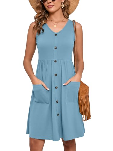 Image of Heymoments Women's Summer Dresses Sleeveless Casual Fashion Loose Swing Button Down Beach Dress with Pockets
