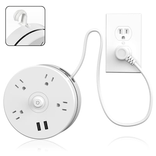 HITRENDS Multitomas de Viaje con Puertos USB, Cable de Extensión de 1.83 m, Multitomas Circular Retráctil con 4 Tomas y 2 Puertos USB, Montable en Pared con Gancho, Blanco