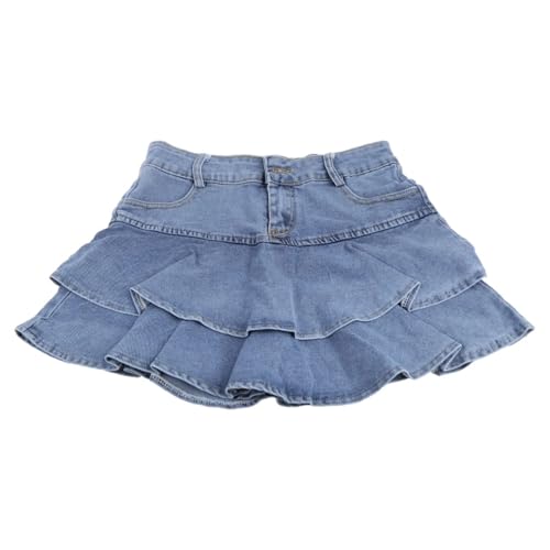 Women Summer High-Waist A-Line Mini Cake Jeans Skirt Vintage Washed Pleated Ruffles Layered Casual Slim Streetwear