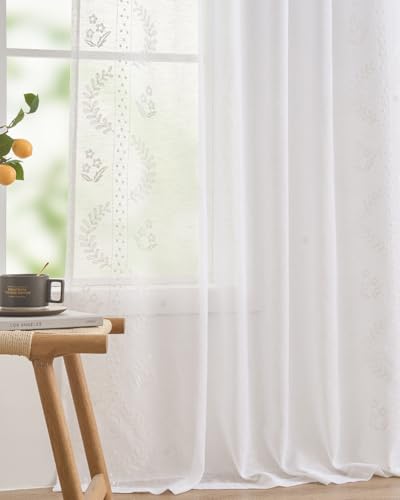Image of jinchan Floral Linen Curtains, Back Tab 50x84 Inch, 2 Panels White