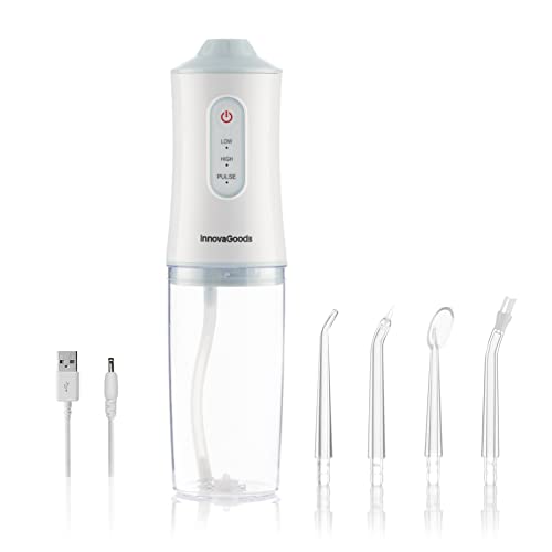 InnovaGoods® Irrigador dental eléctrico Denter, limpia los dientes y las encías de forma eficaz y precisa, 4 cabezales, diseño compacto, portátil, impermeable y ligero, ideal para el hogar y el viaje