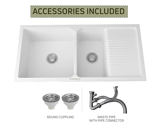 Image of EVANEX Quartz Sink for Kitchen|45x20x9 inch Double Bowl Kitchen Sink with Drain Board|Matt Finish|White Quartz Kitchen Sink with Sink Connector, Waste Pipe, Coupling and Drain Basket