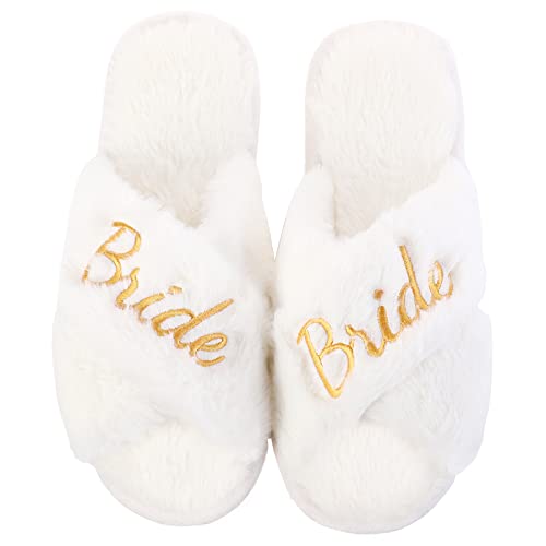 Bride Slippers for Wedding Day White Fuzzy Slippers for Bachelorette Party Bridal Shower Gifts
