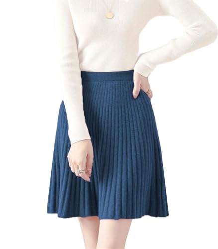 Ailaile Falda corta para mujer, 100 % lana merino, falda de punto acanalada con cintura elástica, azul (Seablue), Small
